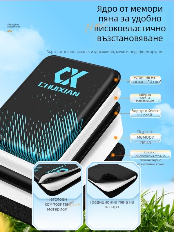 Ново PU седалково възглавничче за риболовна кутия, водоустойчиво и дишащо, удебелено, с велкро
