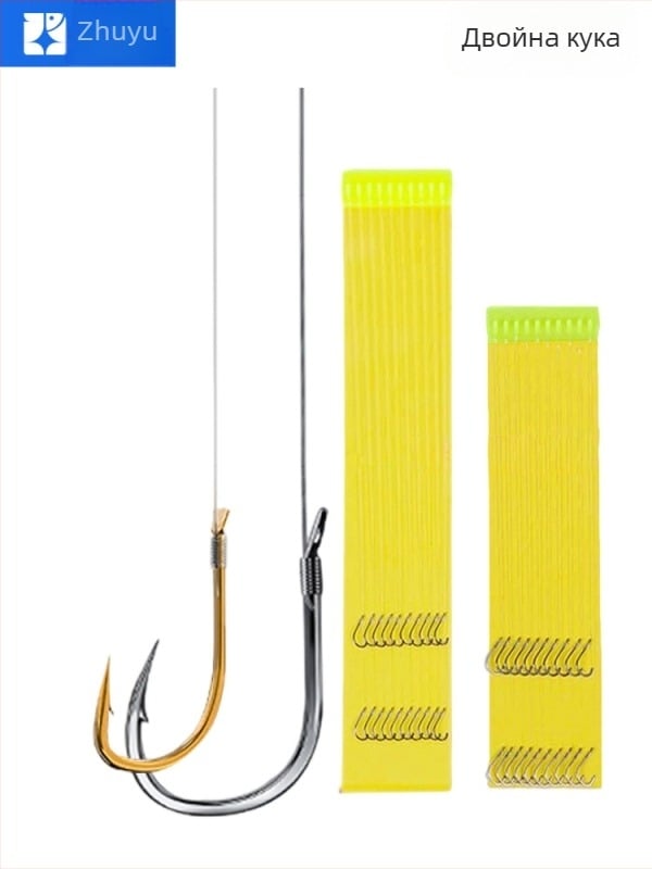 10 комплекта предварително вързани двойни рибарски куки с бодли и без бодли, златисти обвивки, стилове Iseni и Izu, размери 1–7