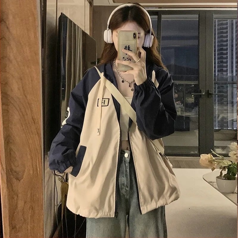 Цветово блокирано бейзболно яке за момичета, пролетно-есенно, свободно и леко ветрово яке за ученици