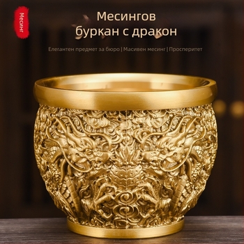 Латунна двойна драконова цилиндрична фигура със драконов мотив и двойни феникси, съд за богатство за хол и антре, декоративна метална изработка