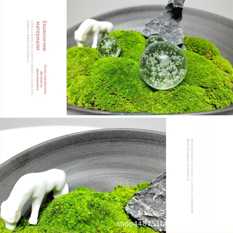 Керамична декоративна композиция с вечен мъх, керамично цвете и кон, кристална топка, височина 18 см – реквизит за фотография и домашен декор