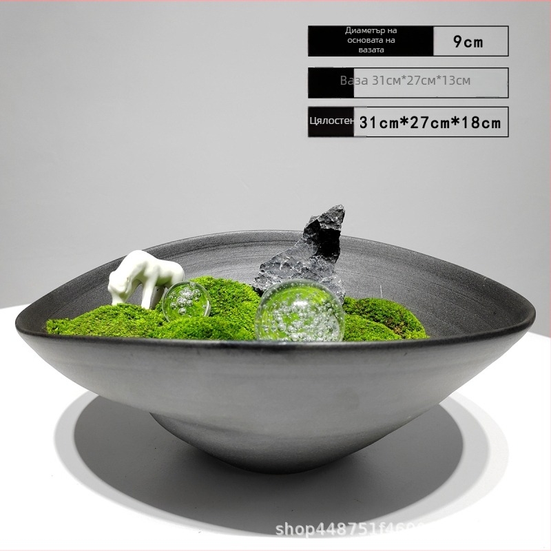 Керамична декоративна композиция с вечен мъх, керамично цвете и кон, кристална топка, височина 18 см – реквизит за фотография и домашен декор