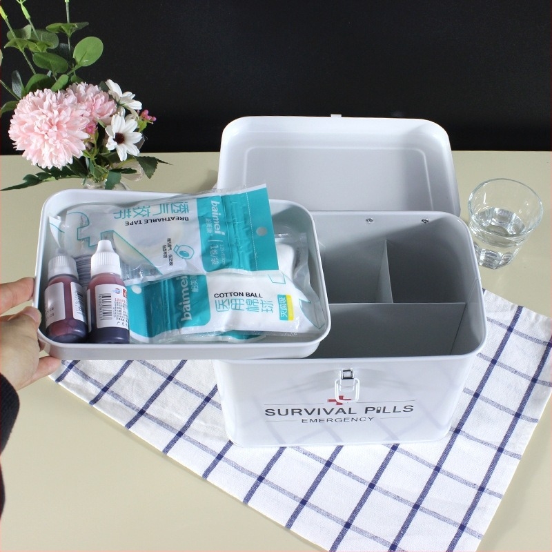 Портативен метален аптечен кут за дома със заключващ се капак; първа помощ и инструментална кутия за съхранение