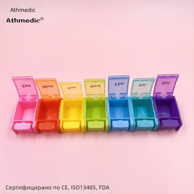 Цветен седмичен органайзер за таблетки с 7 отделения, преносима прахозащитна кутия за лекарства