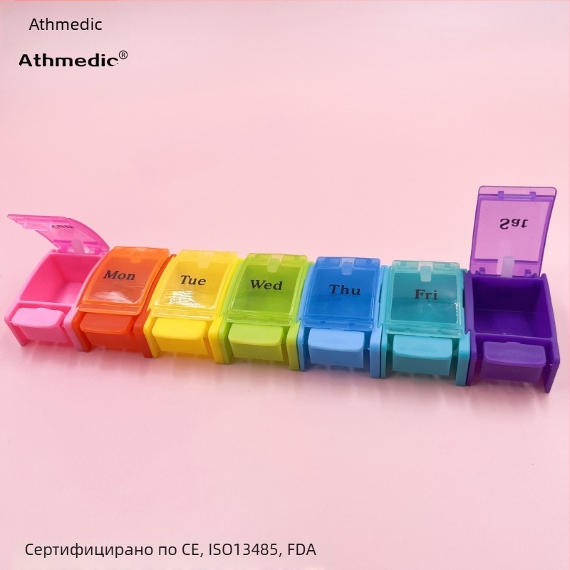 Цветен седмичен органайзер за таблетки с 7 отделения, преносима прахозащитна кутия за лекарства