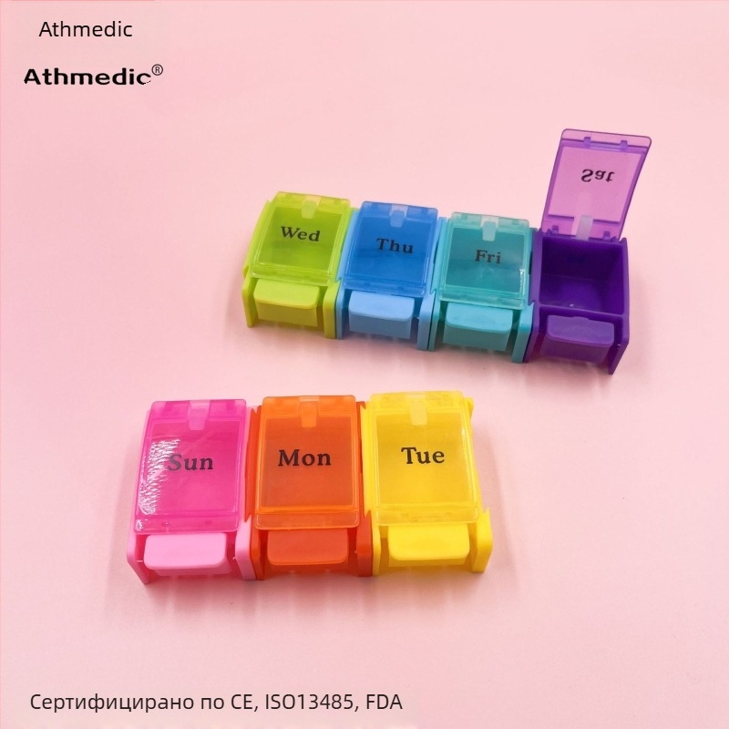 Цветен седмичен органайзер за таблетки с 7 отделения, преносима прахозащитна кутия за лекарства