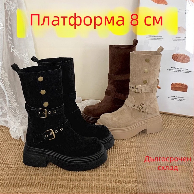 Дамски Мартин ботуши с вътрешно повдигане на височина, велурено горно покритие, двупосочно носене, дебела подметка, кръгъл нос, средна дължина, есен-зима 2024.