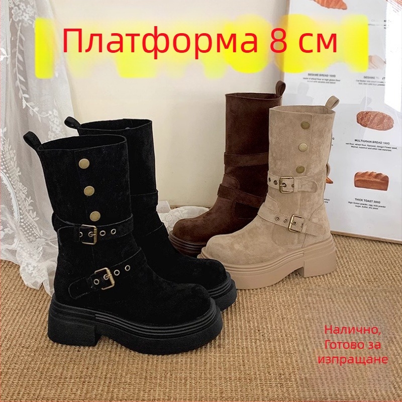 Дамски Мартин ботуши с вътрешно повдигане на височина, велурено горно покритие, двупосочно носене, дебела подметка, кръгъл нос, средна дължина, есен-зима 2024.