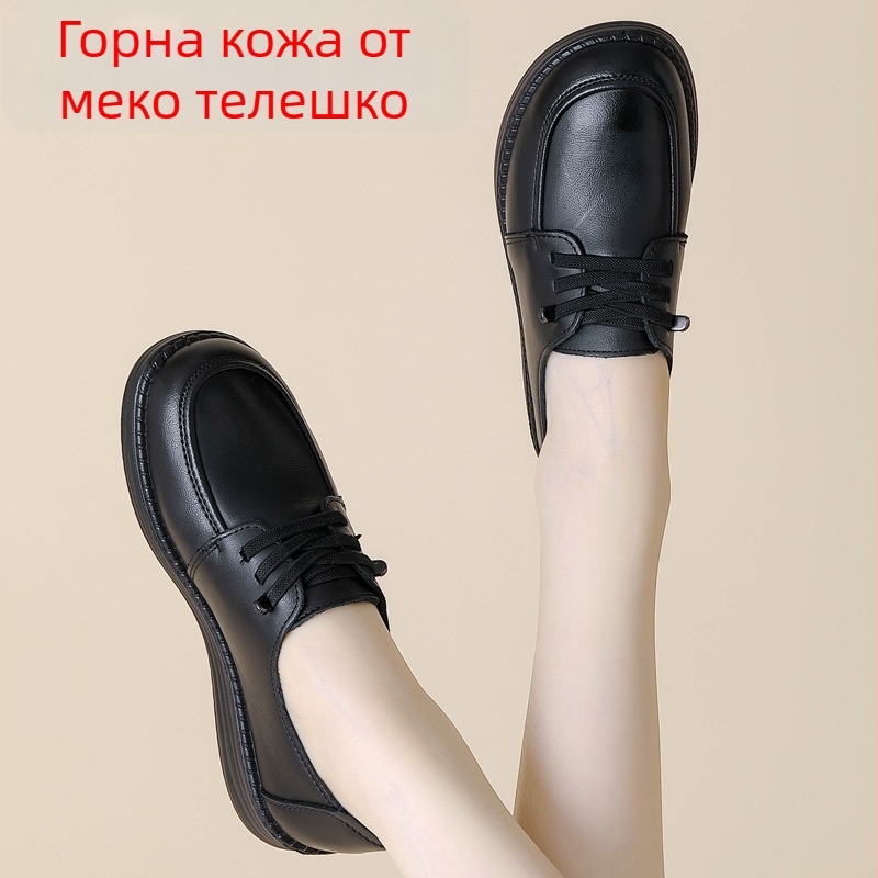 Дамски лофери от телешка кожа, мека подплата, гъвкава подметка, еластични връзки, кръгла пръст, ежедневни обувки