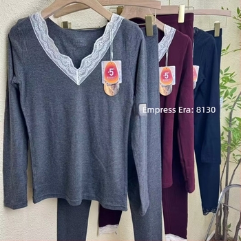 Feiziji 8130 Дантелено V-образно деколте, секси тънко термално бельо комплект за жени – топ и панталони за есен и зима