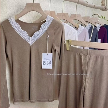 Feiziji 8130 Дантелено V-образно деколте, секси тънко термално бельо комплект за жени – топ и панталони за есен и зима