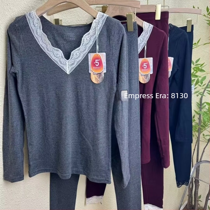 Feiziji 8130 Дантелено V-образно деколте, секси тънко термално бельо комплект за жени – топ и панталони за есен и зима