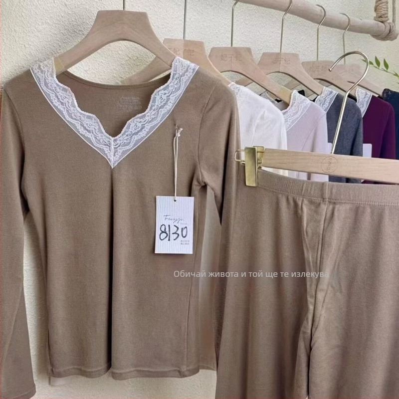 Feiziji 8130 Дантелено V-образно деколте, секси тънко термално бельо комплект за жени – топ и панталони за есен и зима