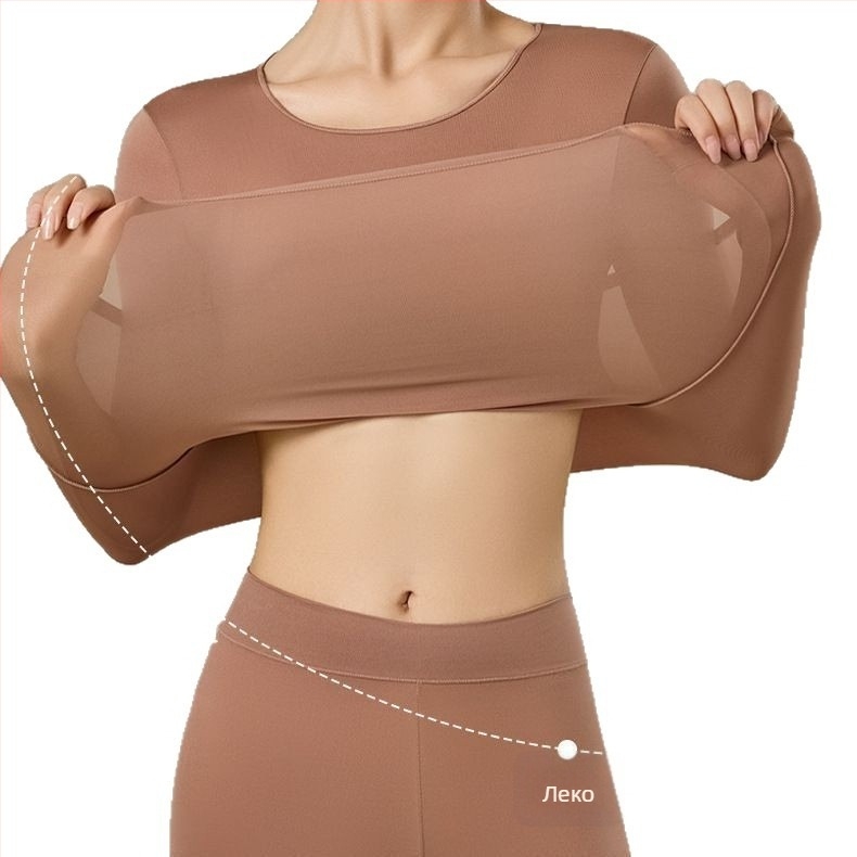 женски термокомплект: ултра тънък базов слой с дълъг ръкав и дълги панталони, кожа‑подобна мека материя, топъл