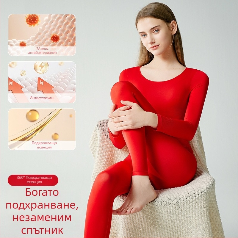 Термално бельо с хиалуронова киселина за жени, червено, ултра тънко, висока еластичност, есенен комплект горнище и панталони