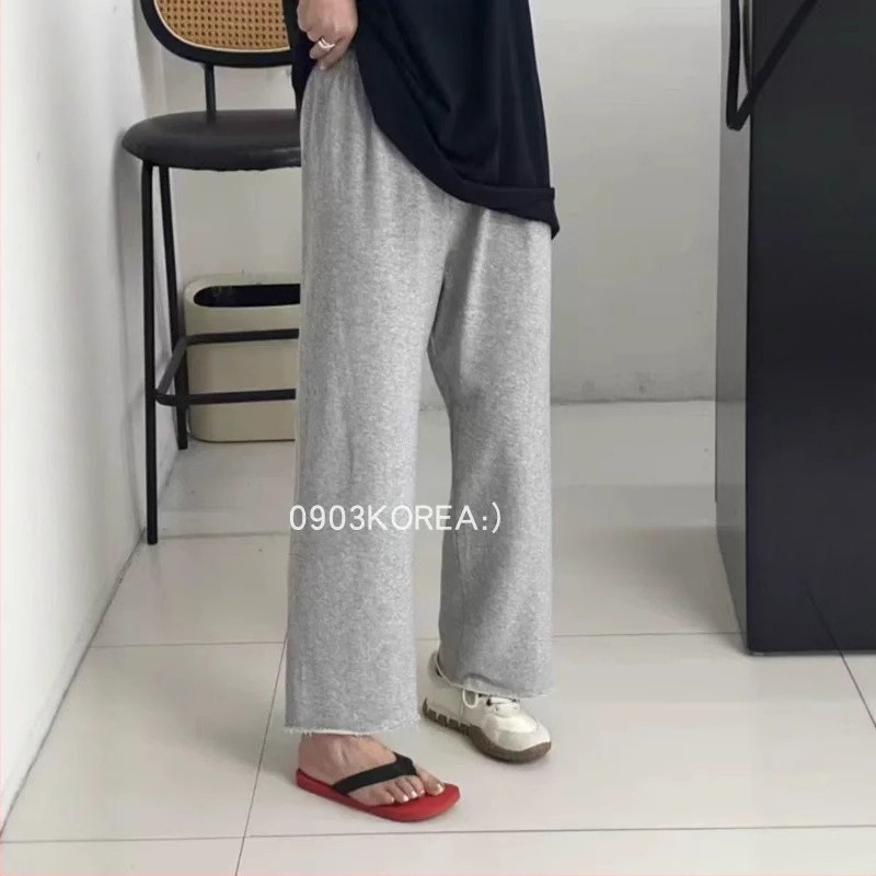 Памучни панталони с прави крачета, 3/4 дължина, еластична талия, разрошен ръб, корейски стил, есен 2025