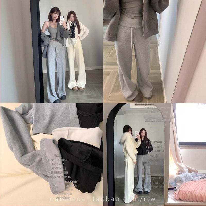 CallmeEar Зимни подплатени флисови спортни панталони за жени, средно-ниска талия, свободен прав крой, широки крачоли, ежедневни панталони