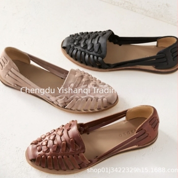 Дишащи плетени сандали с затворен пръст и нисък ток, ретро римски стил, универсални за големи размери