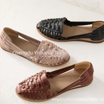 Дишащи плетени сандали с затворен пръст и нисък ток, ретро римски стил, универсални за големи размери