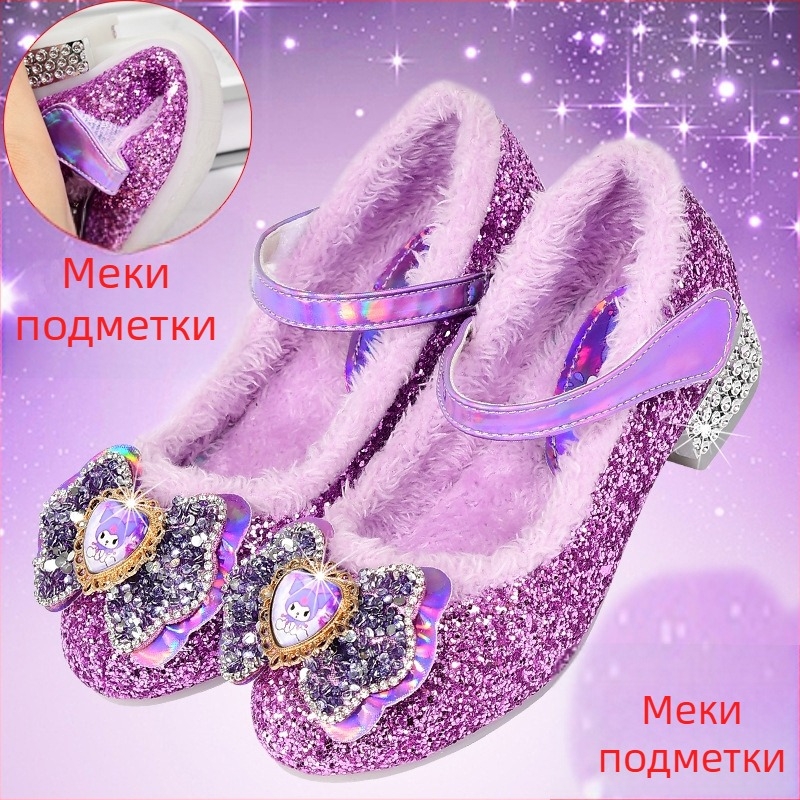 Детски обувки за момичета принцеса с кристали, зимни обувки от PU, подплата от полар, топли, с велкро закопчаване