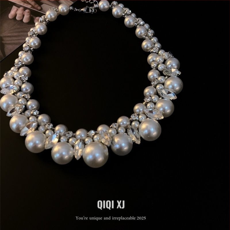 Френски стил луксозна огърлица с кристали и имитационни перли, елегантна за дами и булки