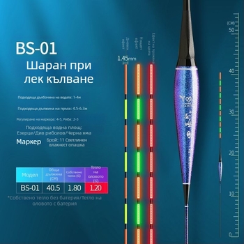 Поплавък за риболов с променящ се цвят и нощно светване, хамелеоново тяло, високочувствителен електронен поплавък, сензор за гравитация, дневно/нощно използване