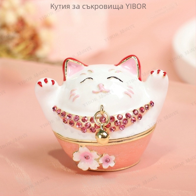 Метална емайлована кутия за бижута в японски стил, късметлийска котка фигура, декоративен малък предмет, кутия за пръстени, ръчна изработка