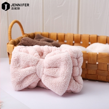 Корейски стил пухена лента за глава от коралов велур за измиване на лицето и грим, спортна лента с панделка