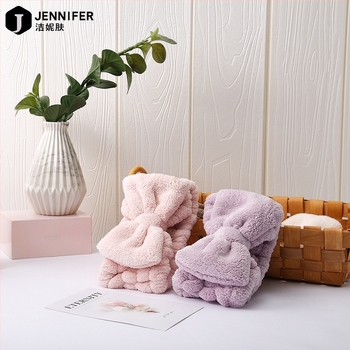 Корейски стил пухена лента за глава от коралов велур за измиване на лицето и грим, спортна лента с панделка