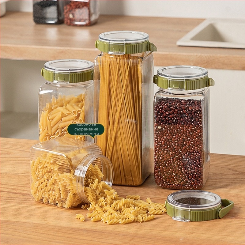 Съд за зърно със мерителна чашка – кухненски организатор за ориз, ечемик и други зърна (квадратен, 800-1000 ml)