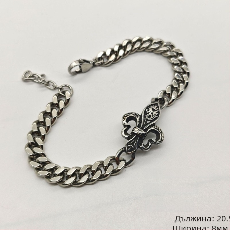 Гривна от неръждаема стомана с Cuban верига – унисекс хип-хоп стил, ретро флорален мотив
