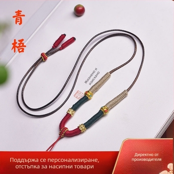 Ръчно тъкана огърлица с въже в стил Тханга, червен шнур и висулка от нефрит и янтар