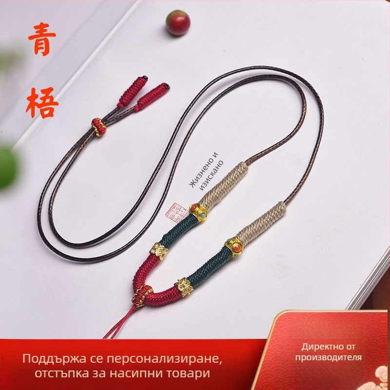 Ръчно тъкана огърлица с въже в стил Тханга, червен шнур и висулка от нефрит и янтар