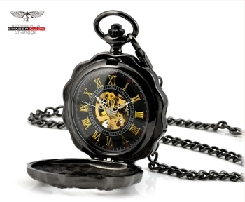 Черен джобен часовник с форма на тиква, механичен със скелетен дизайн и повдигащ капак – носталгичен подарък за мъже и жени