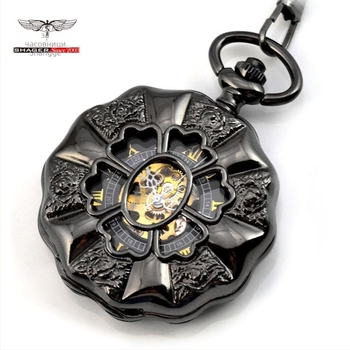 Черен джобен часовник с форма на тиква, механичен със скелетен дизайн и повдигащ капак – носталгичен подарък за мъже и жени