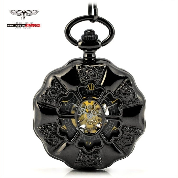 Черен джобен часовник с форма на тиква, механичен със скелетен дизайн и повдигащ капак – носталгичен подарък за мъже и жени