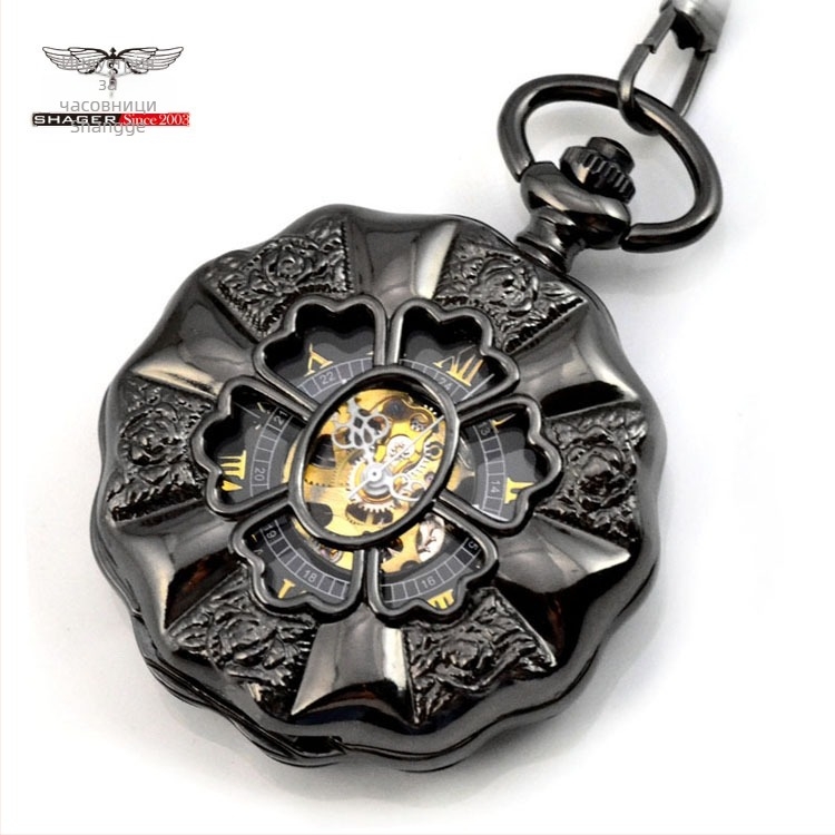 Черен джобен часовник с форма на тиква, механичен със скелетен дизайн и повдигащ капак – носталгичен подарък за мъже и жени