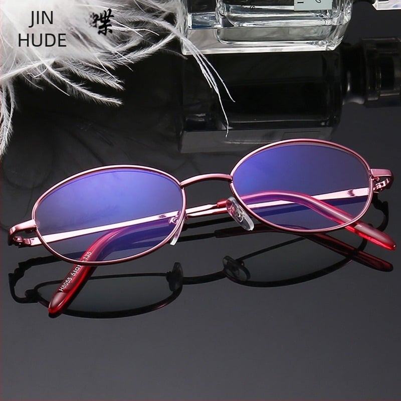 Очила за четене против синя светлина за жени, розова малка метална рамка, лещи от смола, овална форма