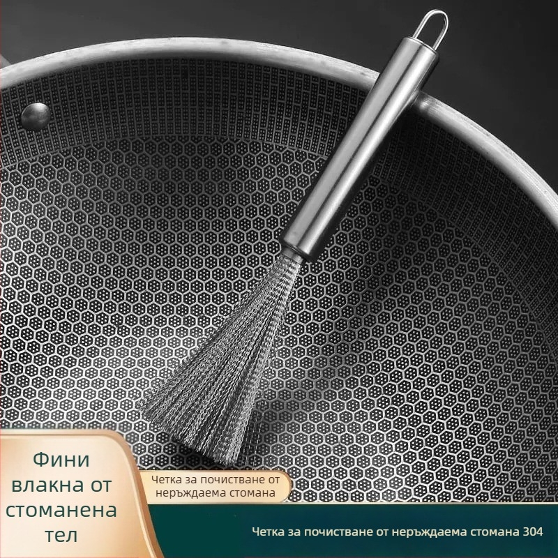 Четка за тигани от неръждаема стомана с тел 304, удължена дръжка, кухненска почистваща четка за съдове и незалепващи повърхности