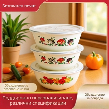 Утолщена емайлирана купа с капак за кухнята; подходяща за супи, макаронени изделия, салати и разбъркване; класически носталгичен дизайн