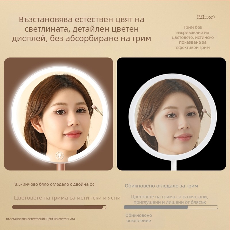 Огледало за грим с двойна ос и LED осветление, настолно, въртящо се, за дома и офиса