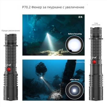 Професионален подводен фенер за дълбоководни гмуркания с променлив лъч, презареждаем, магнитен превключвател, водоустойчив, IP8, дълбочина до 100 m, за използване на открито