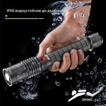 Професионален подводен фенер за дълбоководни гмуркания с променлив лъч, презареждаем, магнитен превключвател, водоустойчив, IP8, дълбочина до 100 m, за използване на открито