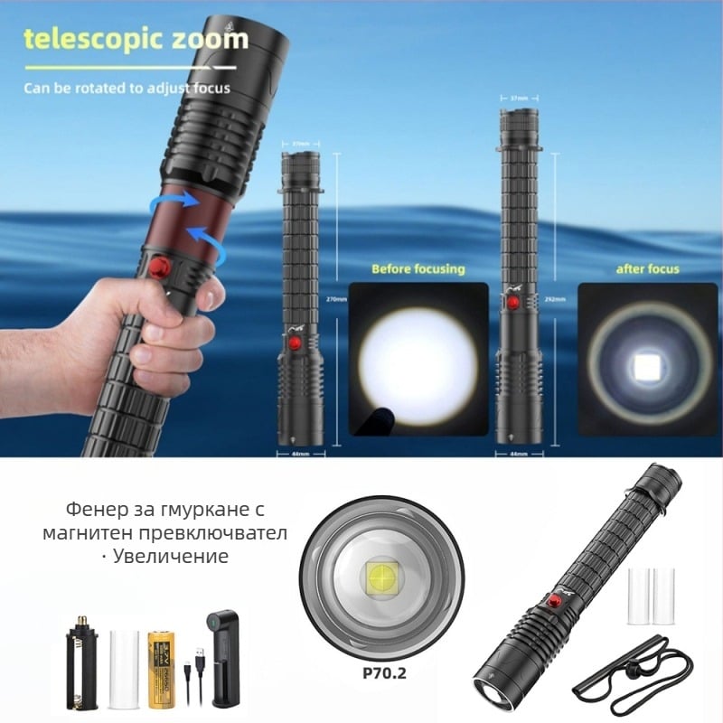 Професионален подводен фенер за дълбоководни гмуркания с променлив лъч, презареждаем, магнитен превключвател, водоустойчив, IP8, дълбочина до 100 m, за използване на открито