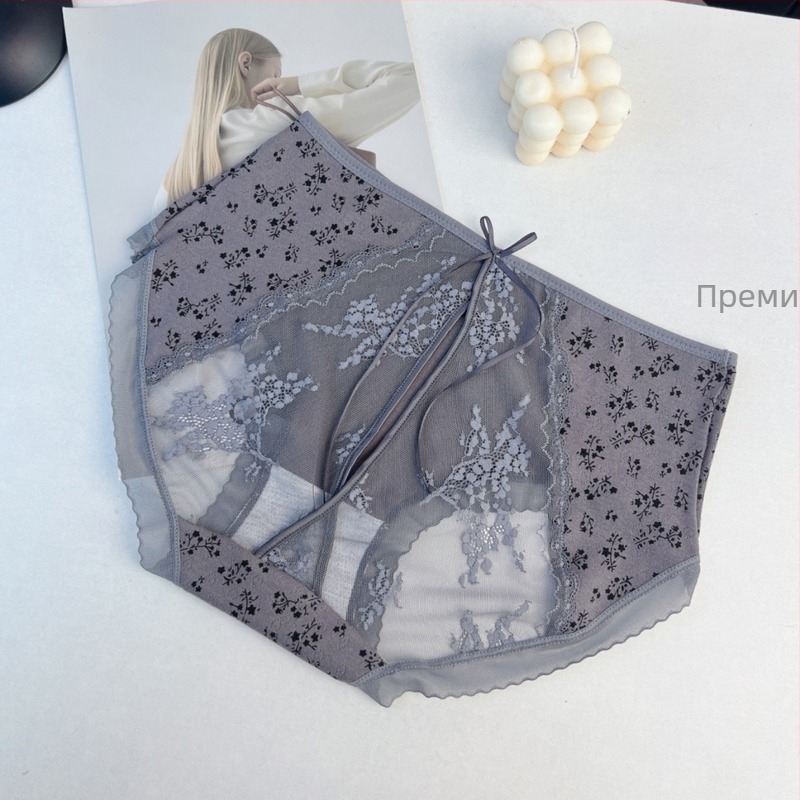 Женски бикини със средна талия, принт памук и дантела, дишащи и с висока еластичност, подплата от модал