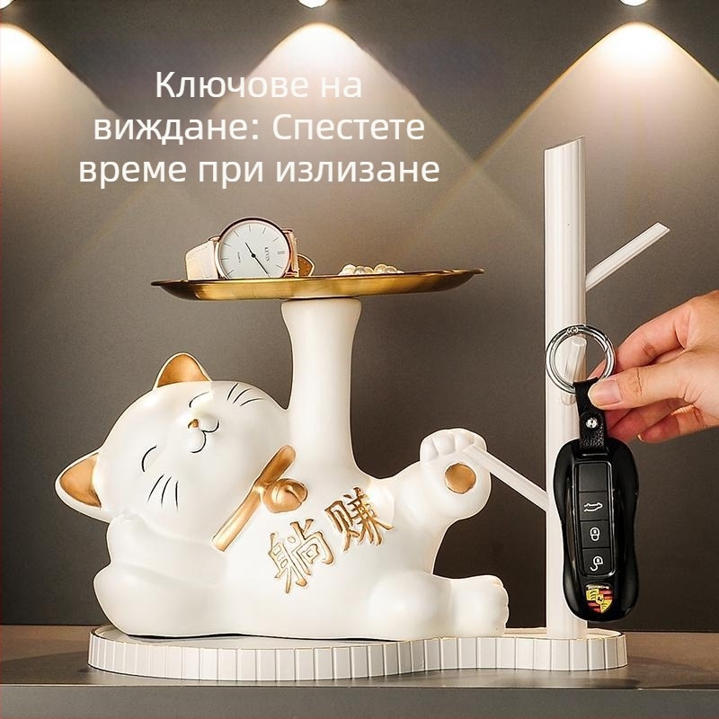 Керамична котка късмет, държач за ключове за входа, декоративна фигура за антрето и шкаф за обувки, подарък за нов дом