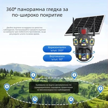 Слънчева камера за наблюдение с 4G, безжична външна, мобилен дистанционен достъп, HD нощно виждане, 360° водоустойчива