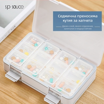 Портативна седмична кутия за лекарства с разпределител за три дози дневно и напомняне за прием