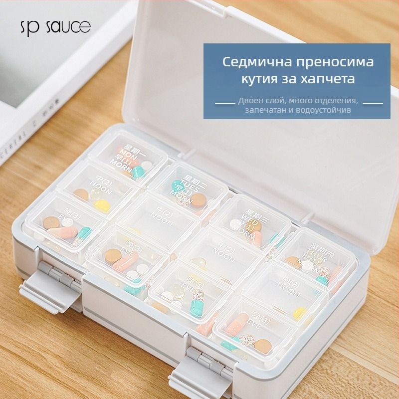 Портативна седмична кутия за лекарства с разпределител за три дози дневно и напомняне за прием