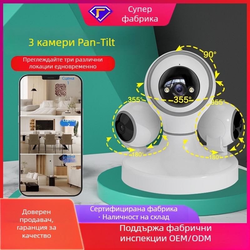 360° сферична камера за домашно видеонаблюдение, безжичен вътрешен монитор с аудио, HD нощно виждане